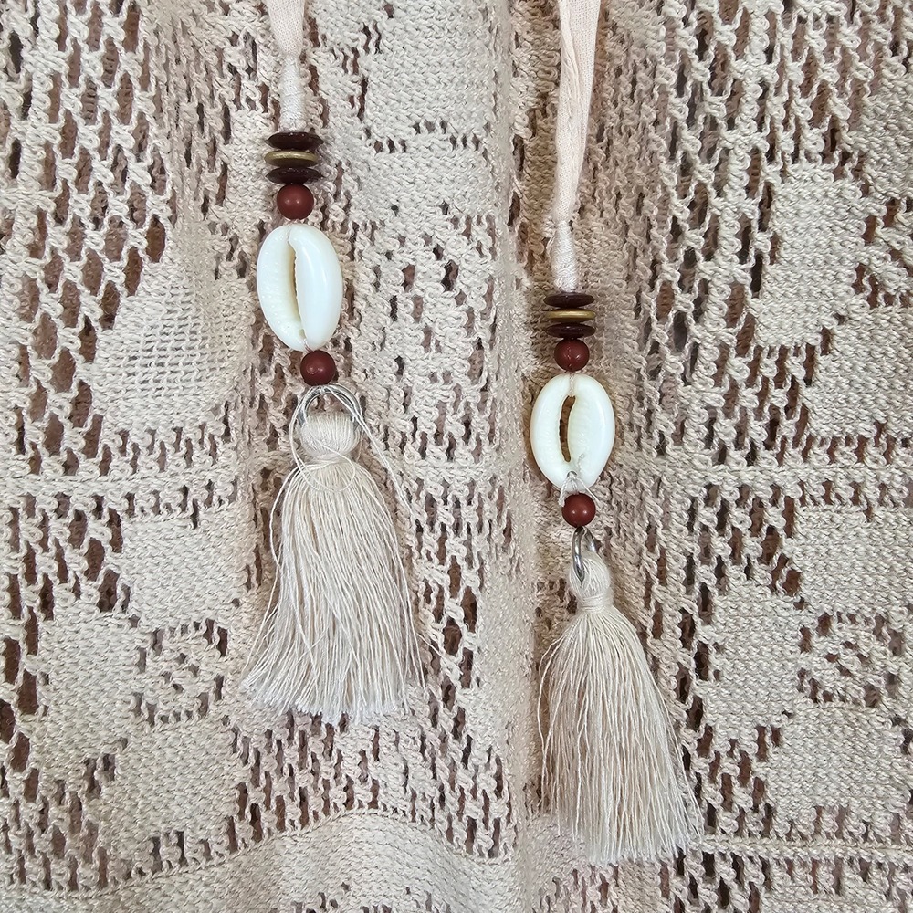 Aerie Crochet Lace Midi Skirt Beige Boho Cowrie Shell Tassel Fringe Coverup New - Picture 2 of 11